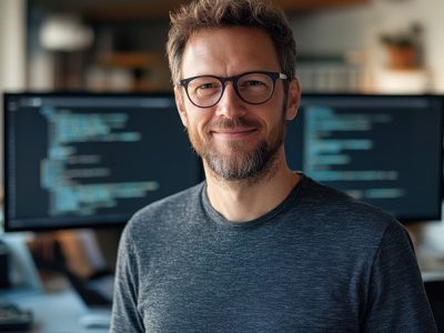 A portrait of a confident European male software developer in a modern office setting, showcasing his cheerful demeanor and expertise in technology.