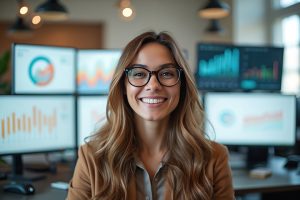 Smiling data analyst surrounded by charts, graphs on computer screens. Woman wears glasses in modern office, representing success. Positive portrait of businesswoman working with tech.