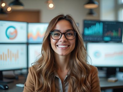 Smiling data analyst surrounded by charts, graphs on computer screens. Woman wears glasses in modern office, representing success. Positive portrait of businesswoman working with tech.