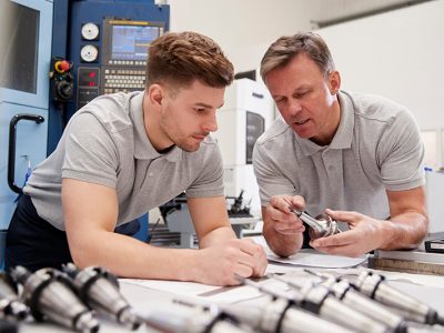 Engineer Showing Apprentice How To Measure CAD Drawings